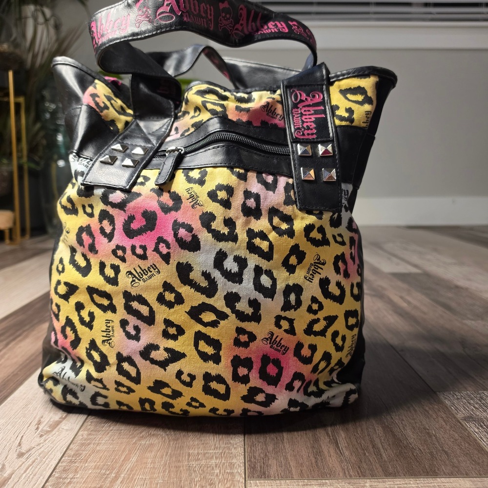 Abbey Dawn Tote Bag Womens L Rainbow Leopard Canvas Studded Y2K Avril Lavigne